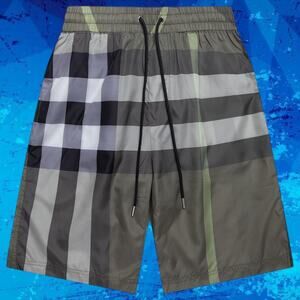 Burberry Black and Gray Board Shorts with Plaid Design